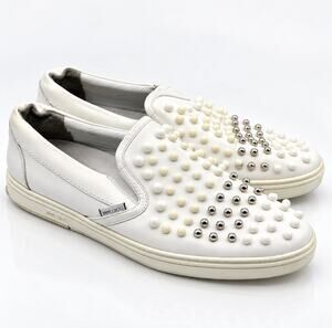JIMMY CHOO Leather Studded Slip On Sneakers White Sz 44.5/US 11.5 $595
